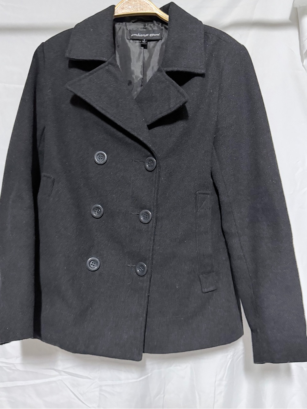 Ambiance Black Double-Breasted Wool Peacoat